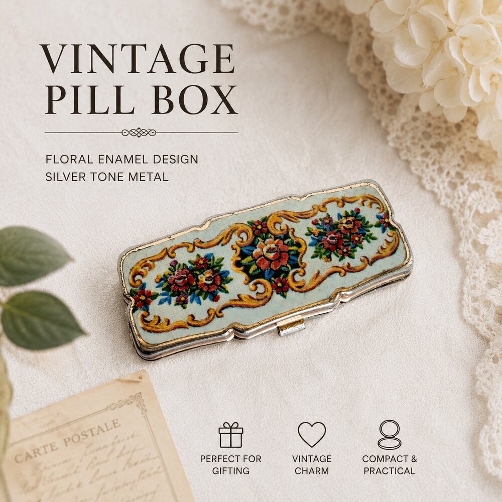 Vintage Metal Pill Box Tin Gold Hinged Pink Roses With 3 Sections